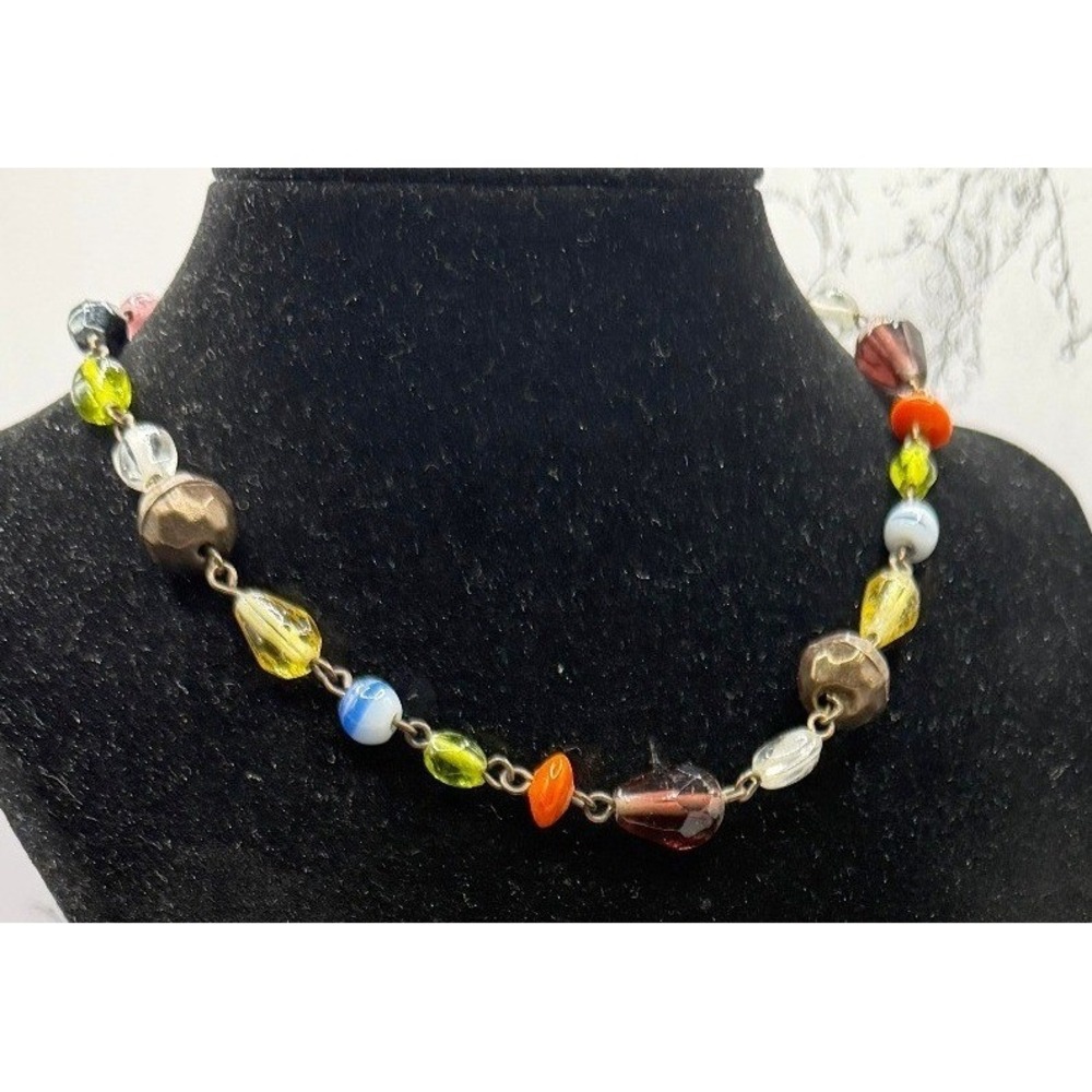 Colorful Glass Bead Necklace Copper Toggle Clasp Artisan Style 14"